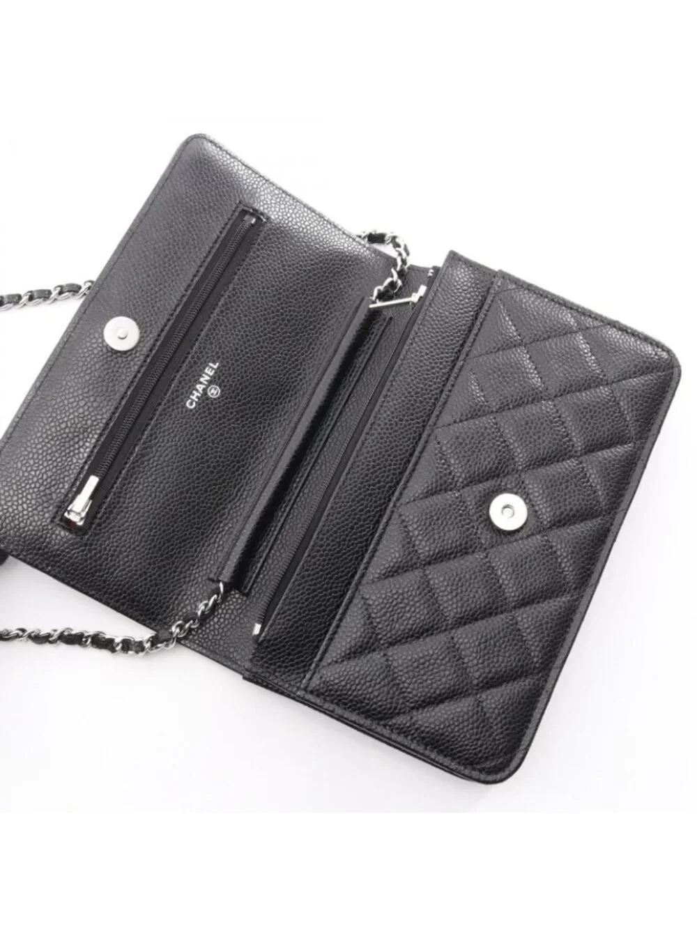 Chanel Shoulder Bag Quilted Black Caviar Leather Chain Wallet